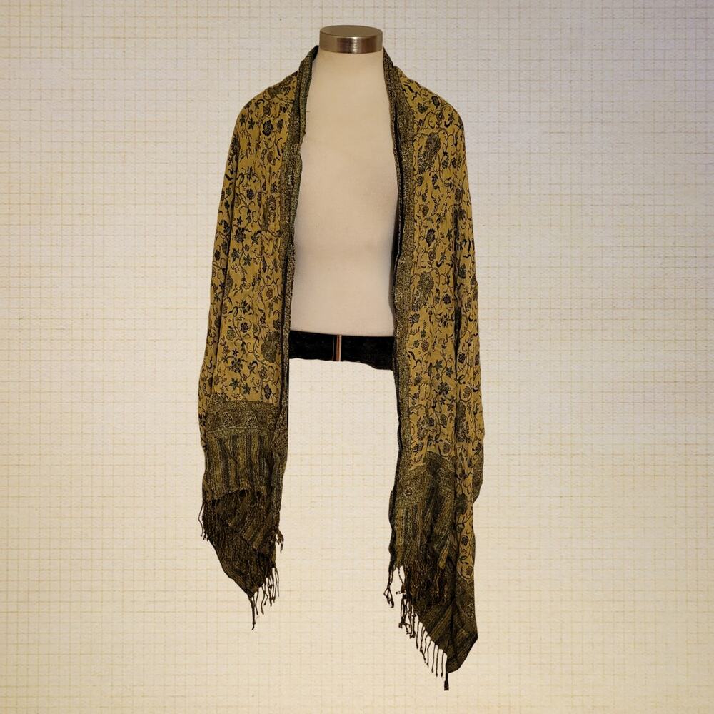 Boho Paisley Pashmina Shawl Reversible Earth Tone Tassel Fringe 25x80in One Size